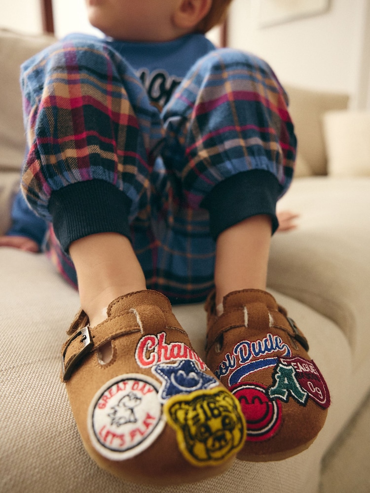 Tan Brown Varsity Badge Faux Fur Lined Clog Slippers - Image 2 of 7