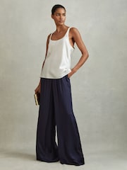 Reiss Navy Yara Satin Elasticated Waist Wide Leg Trousers - Image 1 of 6