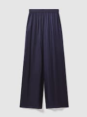 Reiss Navy Yara Satin Elasticated Waist Wide Leg Trousers - Image 2 of 6