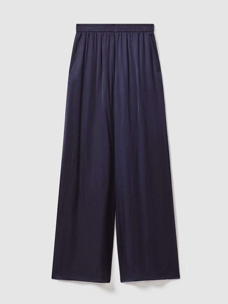 Reiss Navy Yara Satin Elasticated Waist Wide Leg Trousers - Image 2 of 6