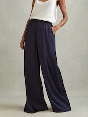 Reiss Navy Yara Satin Elasticated Waist Wide Leg Trousers - Image 3 of 6