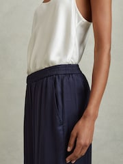 Reiss Navy Yara Satin Elasticated Waist Wide Leg Trousers - Image 4 of 6