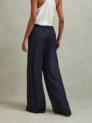 Reiss Navy Yara Satin Elasticated Waist Wide Leg Trousers - Image 5 of 6