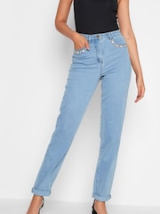 Long Tall Sally Blue Diamante Embellished Pocket UNA Stretch Mom Jeans - Image 1 of 5
