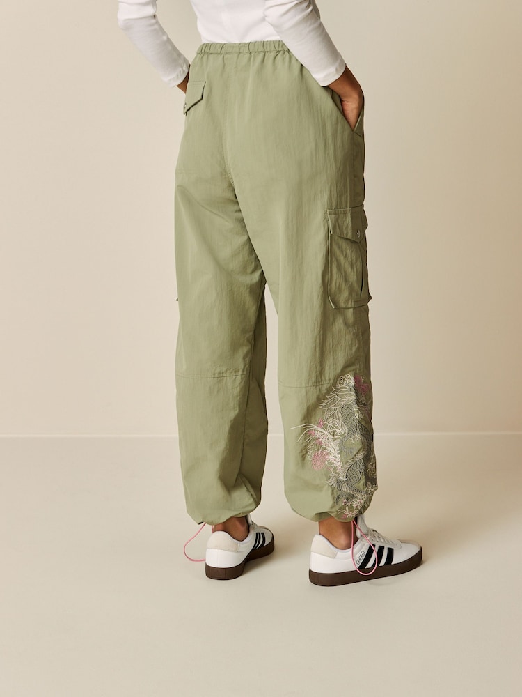 Sage Green Embroidered Parachute Pull On Cargo Trousers - Image 2 of 5 Sage Green Embroidered Parachute Pull On Cargo Trousers - Image 2 of 5
