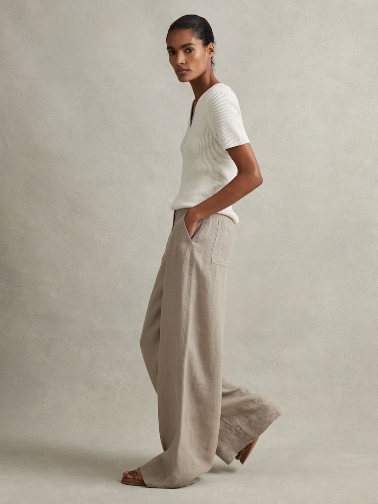 Reiss Light Khaki Demi Linen Wide Leg Garment Dyed Trousers - Image 1 of 6