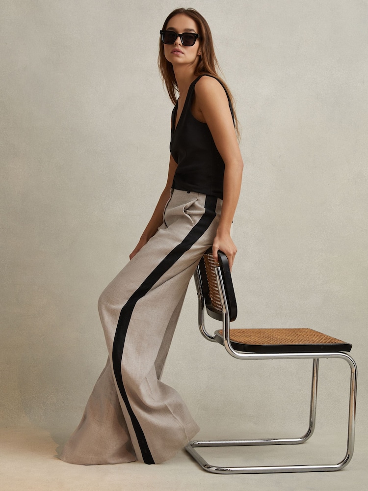 Reiss Neutral Luella Colourblock Linen Wide Leg Trousers - Image 1 of 6