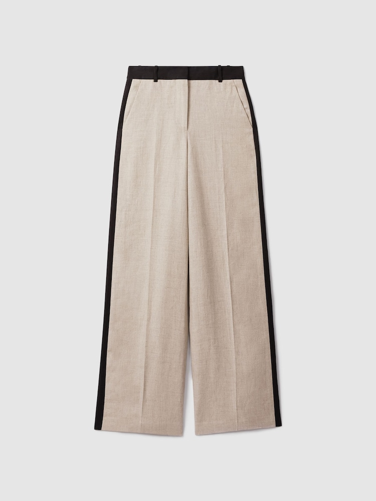 Reiss Neutral Luella Colourblock Linen Wide Leg Trousers - Image 2 of 6