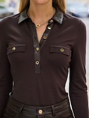 Sosandar Brown Button Front Top With Faux Leather Trim - Image 4 of 5