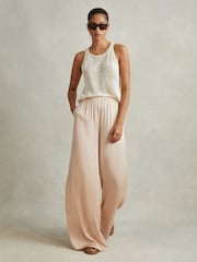 Reiss Champagne Yara Satin Elasticated Waist Wide Leg Trousers - Image 1 of 5