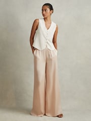 Reiss Champagne Yara Satin Elasticated Waist Wide Leg Trousers - Image 4 of 5