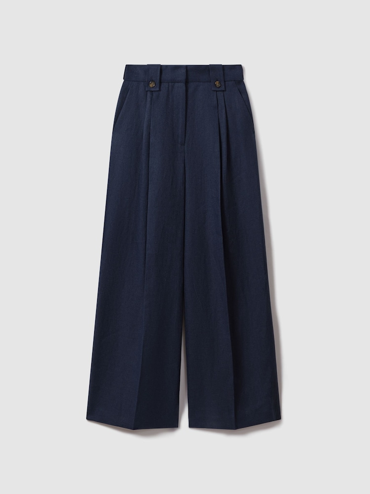 Reiss Navy Leila Linen Front Pleat Trousers - Image 2 of 6