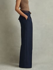 Reiss Navy Leila Linen Front Pleat Trousers - Image 3 of 6