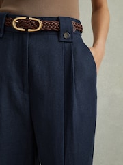 Reiss Navy Leila Linen Front Pleat Trousers - Image 4 of 6