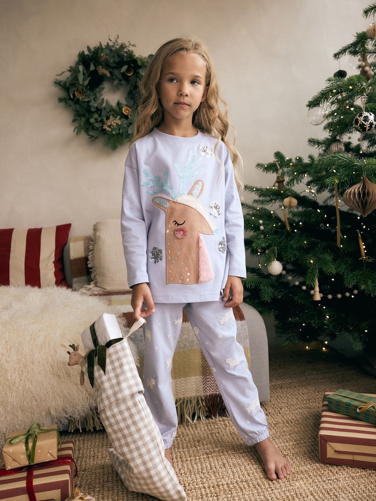 Blue 100% Cotton Reindeer Christmas Joggers (3-16yrs) - Image 1 of 5