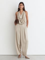 Reiss Champagne Neutral Dia Jacquard Pleated Tapered Trousers - Image 1 of 8