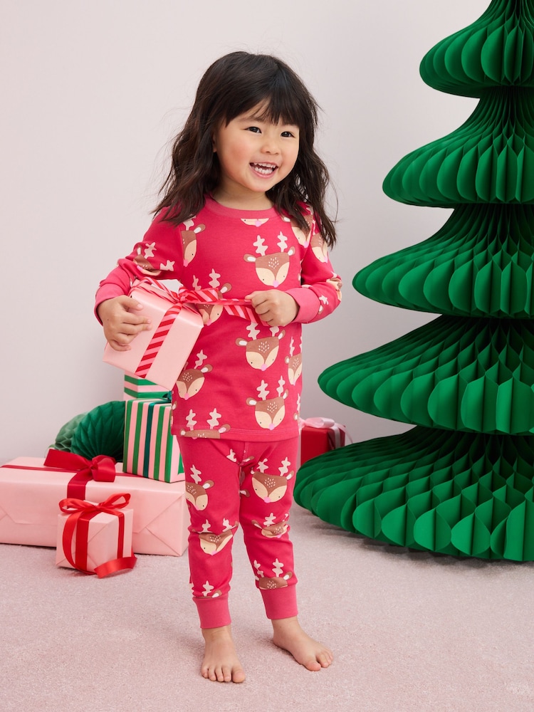 Raspberry Pink Reindeer 100% Cotton Christmas Pyjamas (9mths-16yrs) - Image 1 of 7