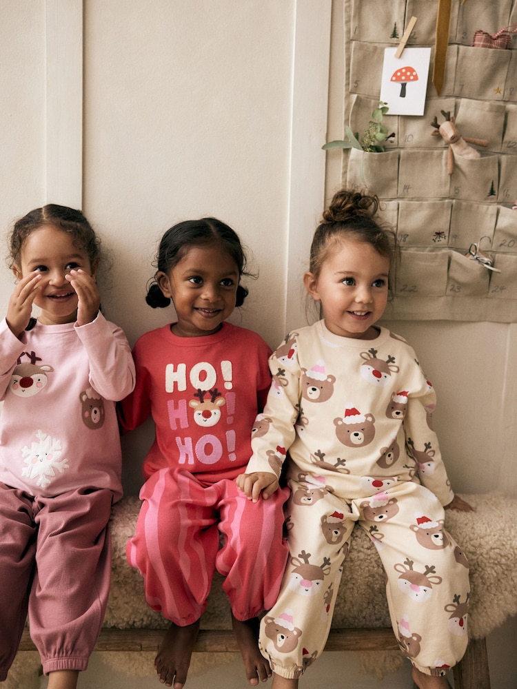 Pink/Cream Christmas 100% Cotton Joggers Pyjamas 3 Pack (9mths-12yrs) - Image 2 of 7 Pink/Cream Christmas 100% Cotton Joggers Pyjamas 3 Pack (9mths-12yrs) - Image 2 of 7