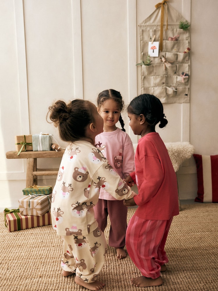 Rose/Crème - Noël 100% Cotton Joggers Pyjamas 3 Lot (9mths-12yrs) - Image 3 of 7