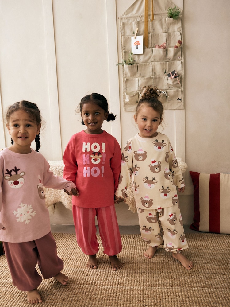 Rose/Crème - Noël 100% Cotton Joggers Pyjamas 3 Lot (9mths-12yrs) - Image 4 of 7