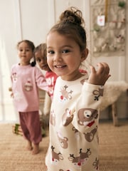 Pink/Cream Christmas 100% Cotton Joggers Pyjamas 3 Pack (9mths-12yrs) - Image 6 of 7