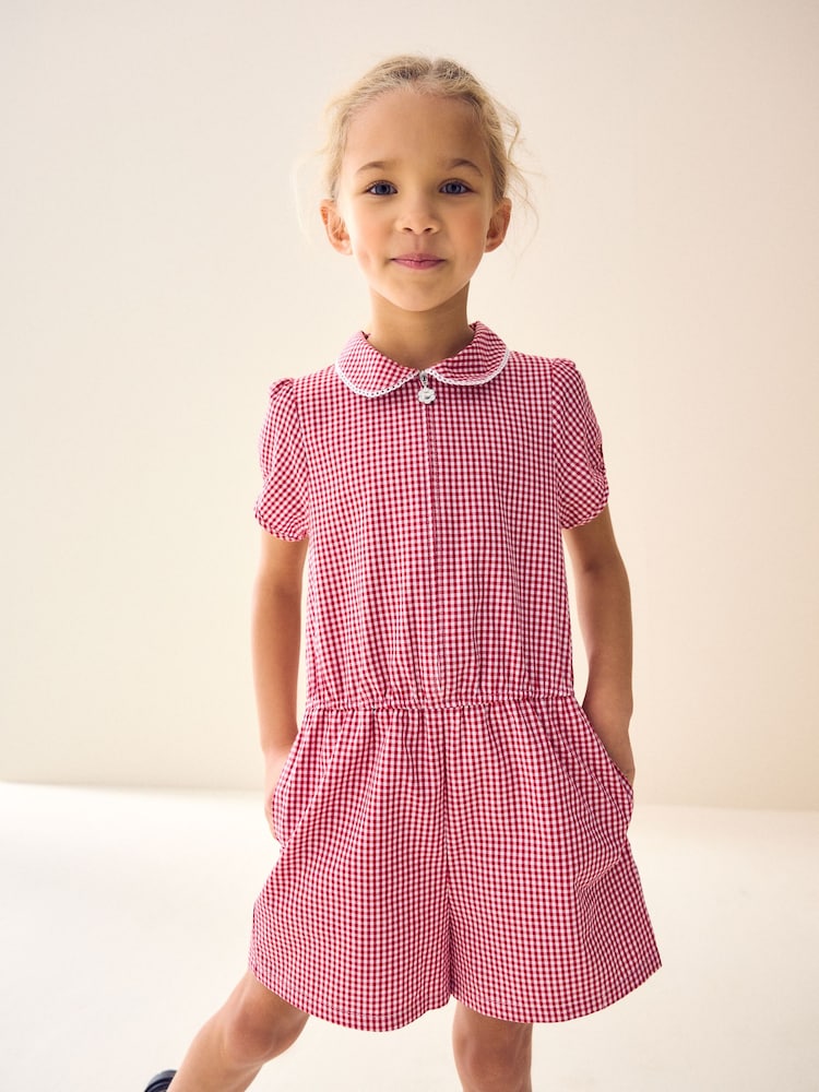 Red Zip Front Cotton Rich Gingham School Playsuit (3-14yrs) - Image 1 of 3