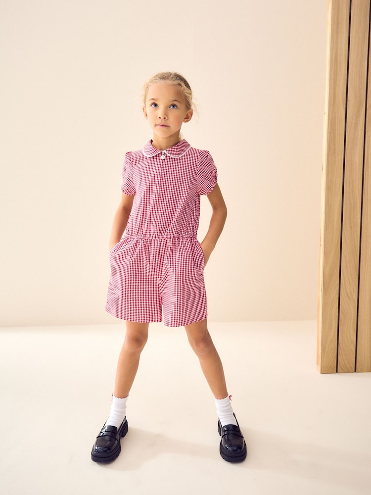Red Zip Front Cotton Rich Gingham School Playsuit (3-14yrs) - Image 2 of 3