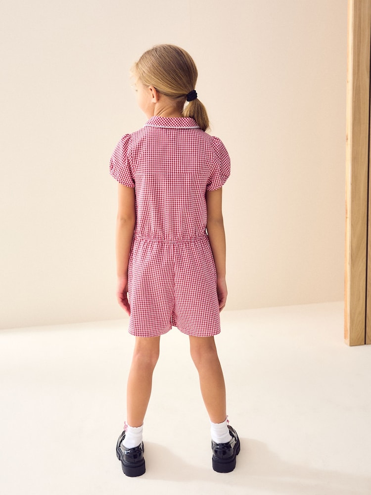 Red Zip Front Cotton Rich Gingham School Playsuit (3-14yrs) - Image 4 of 7