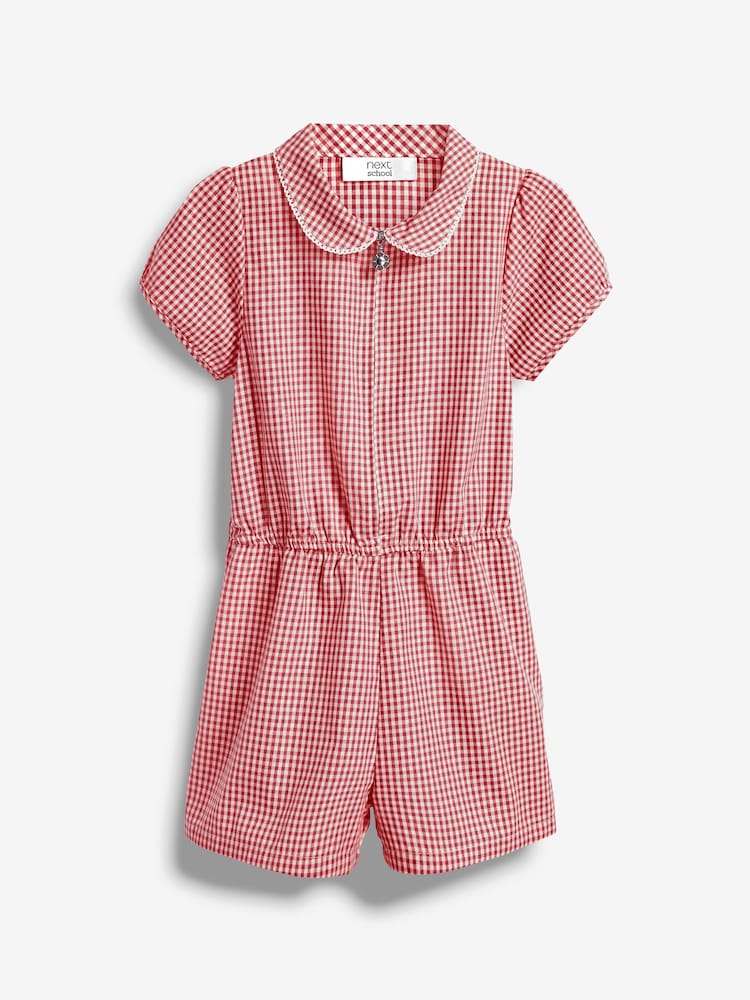Red Zip Front Cotton Rich Gingham School Playsuit (3-14yrs) - Image 6 of 7