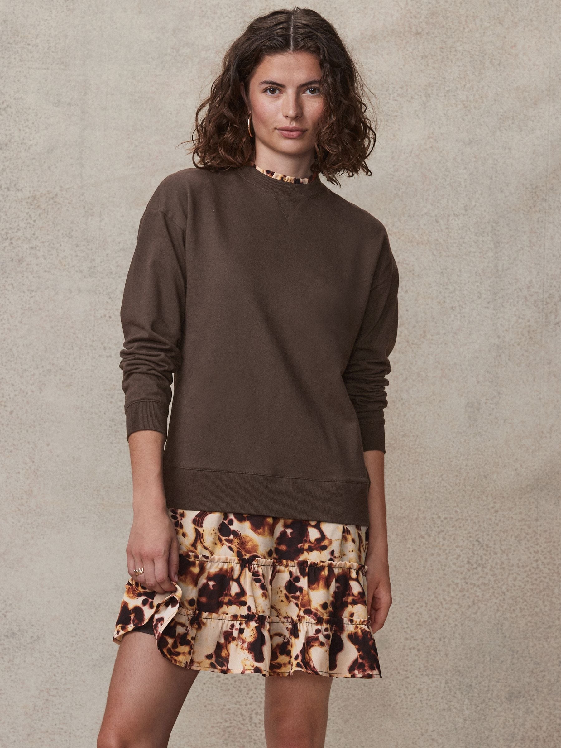 Chocolate Brown Swirl Long Sleeve Printed Layered Sweatshirt Dress