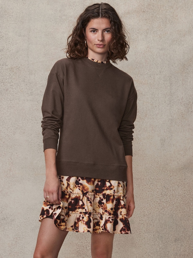 Chocolate Brown Swirl Long Sleeve Printed Layered Sweatshirt Dress - Image 1 of 7