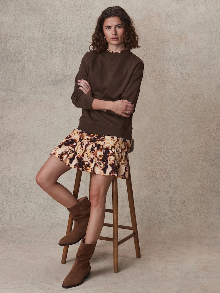 Chocolate Brown Swirl Long Sleeve Printed Layered Sweatshirt Dress - Image 2 of 7
