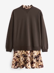 Chocolate Brown Swirl Long Sleeve Printed Layered Sweatshirt Dress - Image 6 of 7