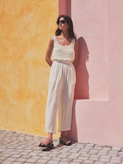 Cream 100% Cotton Crochet Top Summer Sleeveless Jumpsuit - Image 1 of 5