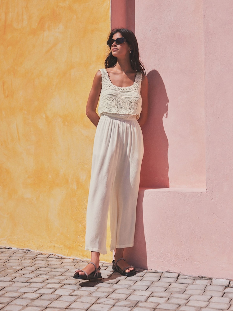 Cream 100% Cotton Crochet Top Summer Sleeveless Jumpsuit - Image 1 of 5
