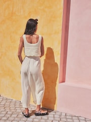Cream 100% Cotton Crochet Top Summer Sleeveless Jumpsuit - Image 2 of 5