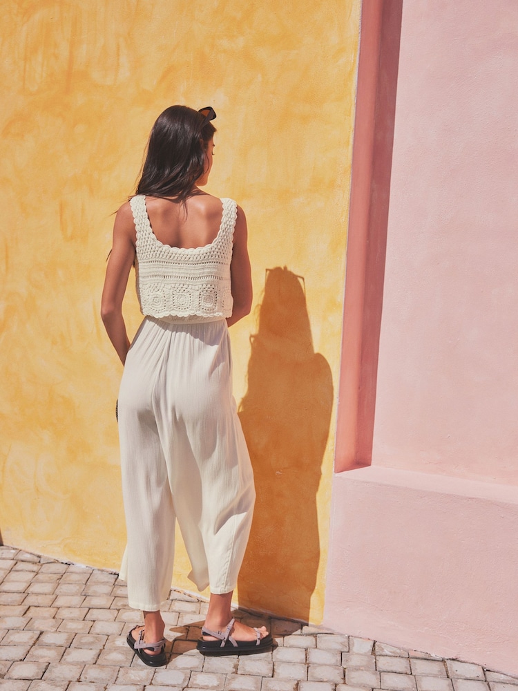 Cream 100% Cotton Crochet Top Summer Sleeveless Jumpsuit - Image 2 of 5