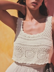 Cream 100% Cotton Crochet Top Summer Sleeveless Jumpsuit - Image 3 of 5