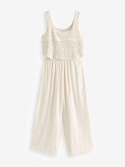 Cream 100% Cotton Crochet Top Summer Sleeveless Jumpsuit - Image 4 of 5