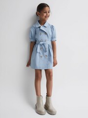 Reiss Blue Naomi 4-9 yrs Puff Sleeve Belted Dress - Image 3 of 6