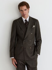 Reiss Chocolate Brown Combo Wool-Blend Flannel Double-Breasted Suit Blazer Classic-Fit - Image 1 of 9
