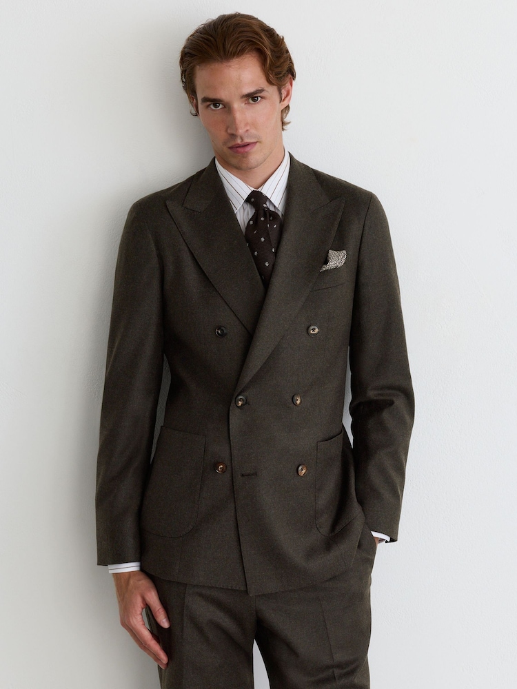 Reiss Chocolate Brown Combo Wool-Blend Flannel Double-Breasted Suit Blazer Classic-Fit - Image 1 of 9 Reiss Chocolate Brown Combo Wool-Blend Flannel Double-Breasted Suit Blazer Classic-Fit - Image 1 of 9