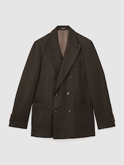 Reiss Chocolate Brown Combo Wool-Blend Flannel Double-Breasted Suit Blazer Classic-Fit - Image 2 of 9