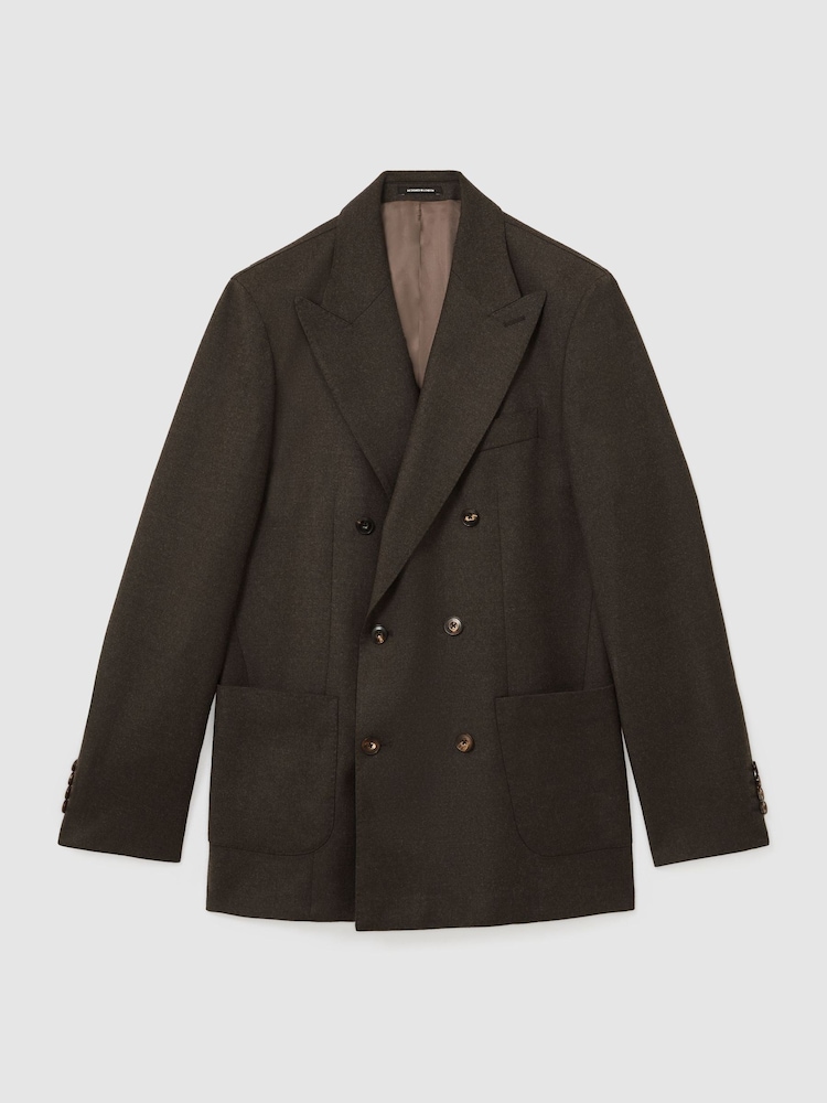 Reiss Chocolate Brown Combo Wool-Blend Flannel Double-Breasted Suit Blazer Classic-Fit - Image 2 of 9 Reiss Chocolate Brown Combo Wool-Blend Flannel Double-Breasted Suit Blazer Classic-Fit - Image 2 of 9