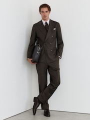 Reiss Chocolate Brown Combo Wool-Blend Flannel Double-Breasted Suit Blazer Classic-Fit - Image 4 of 9