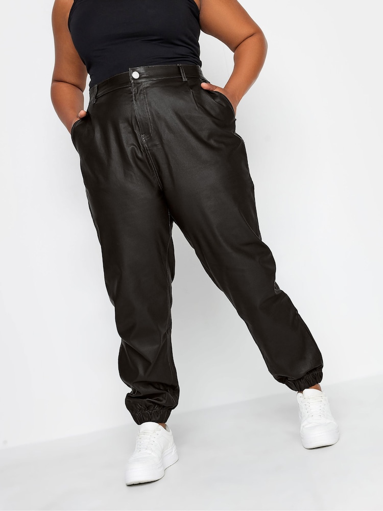 Yours Curve Black Coated Cargo Trousers - Image 1 of 4 Yours Curve Black Coated Cargo Trousers - Image 1 of 4