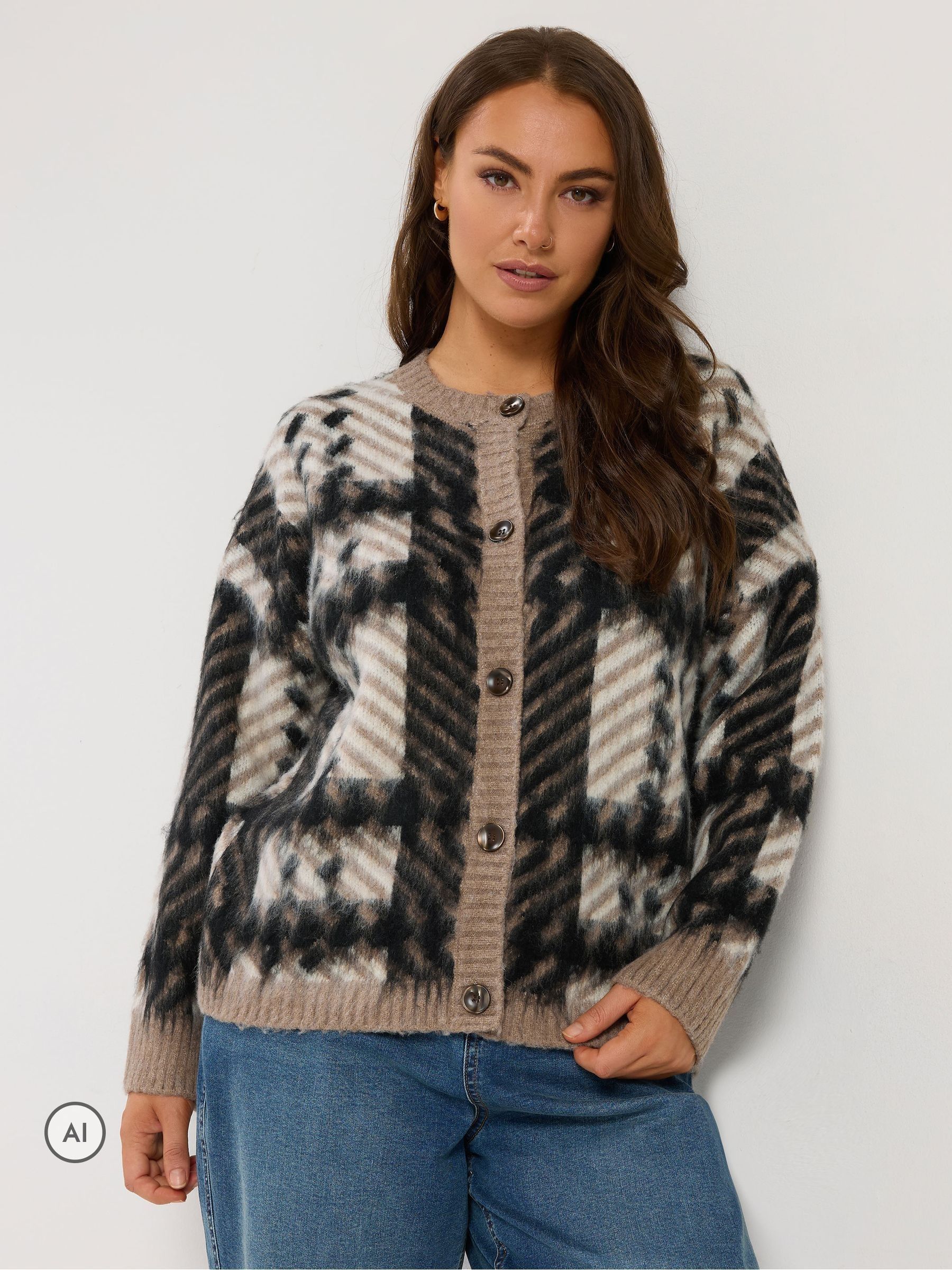 Yours Women's Check Crew Neck Cardigan Sweater in Brown | Size: 30-32 - Image 2