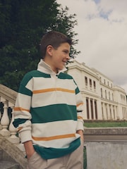 Green/Ecru White Stripe Long Sleeve Rugby 100% Cotton Polo Shirt (3-16yrs) - Image 1 of 8