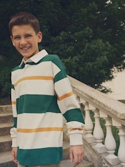 Green/Ecru White Stripe Long Sleeve Rugby 100% Cotton Polo Shirt (3-16yrs) - Image 2 of 8