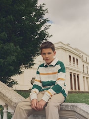 Green/Ecru White Stripe Long Sleeve Rugby 100% Cotton Polo Shirt (3-16yrs) - Image 3 of 8